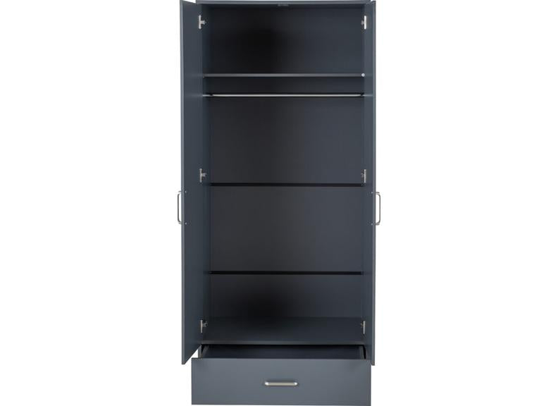 Dakota Dark Grey Two Door One Drawer Mirrored Wardrobe – Modern Bedroom Storage Closet with Hanging Rail