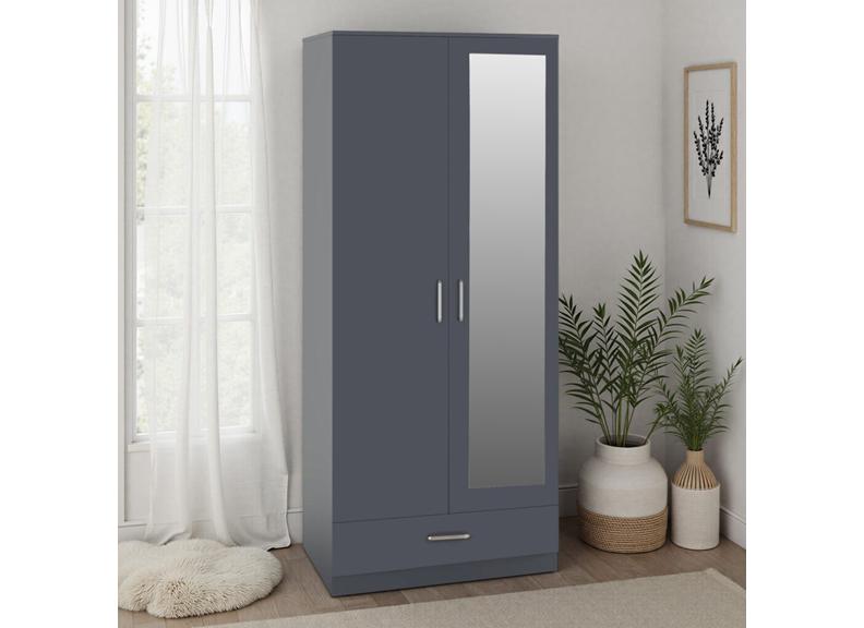 Dakota Dark Grey Two Door One Drawer Mirrored Wardrobe – Modern Bedroom Storage Closet with Hanging Rail