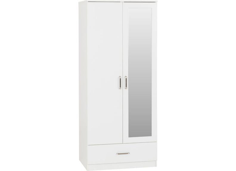 Dakota White Two Door One Drawer Mirrored Wardrobe – Modern Bedroom Storage Closet with Hanging Rail