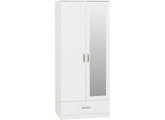 Dakota White Two Door One Drawer Mirrored Wardrobe – Modern Bedroom Storage Closet with Hanging Rail