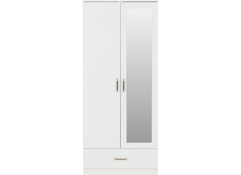 Dakota White Two Door One Drawer Mirrored Wardrobe – Modern Bedroom Storage Closet with Hanging Rail