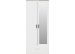 Dakota White Two Door One Drawer Mirrored Wardrobe – Modern Bedroom Storage Closet with Hanging Rail