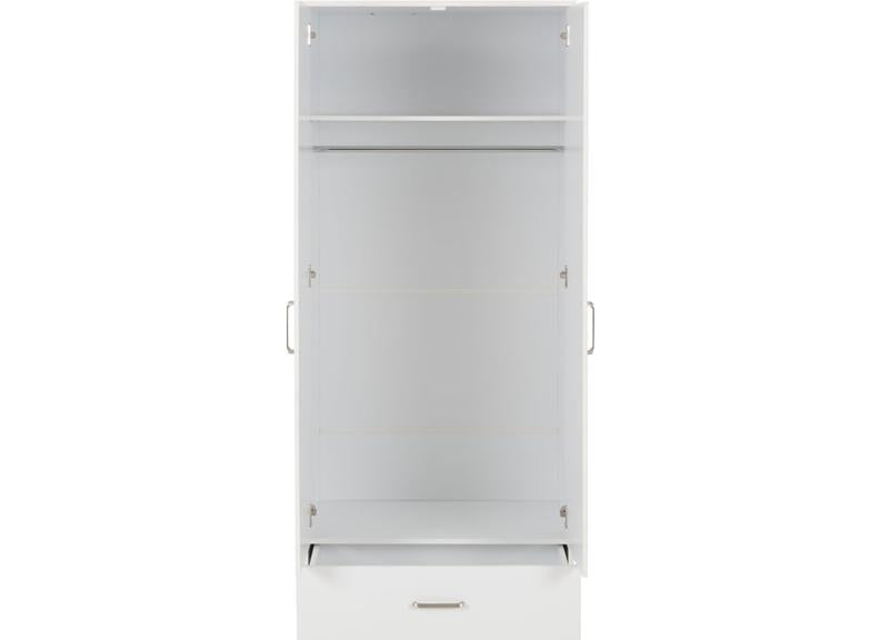 Dakota White Two Door One Drawer Mirrored Wardrobe – Modern Bedroom Storage Closet with Hanging Rail
