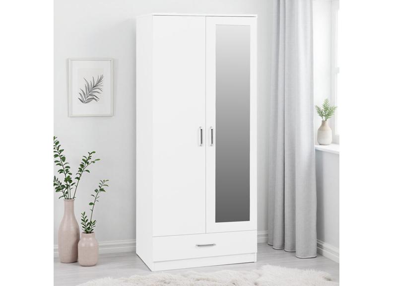 Dakota White Two Door One Drawer Mirrored Wardrobe – Modern Bedroom Storage Closet with Hanging Rail