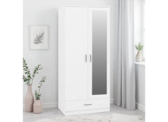 Dakota White Two Door One Drawer Mirrored Wardrobe – Modern Bedroom Storage Closet with Hanging Rail