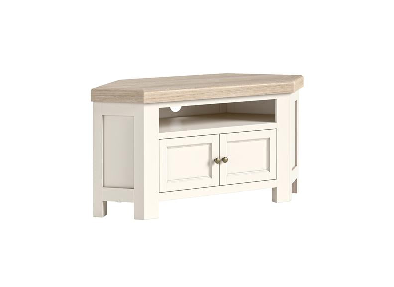 Windsor Corner TV Stand - Rustic Country Style Occasional Furniture With A Coconut White Frame & Oak Top –  (GLH)