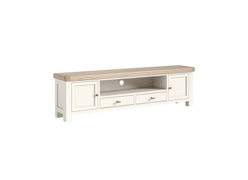 Windsor 2.1 m Rectangular TV Stand - Rustic Country Style Occasional Furniture With A Coconut White Frame & Oak Top –  (GLH)