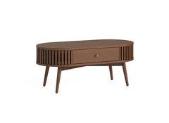 Soho Brown Oval Coffee Table - Brown Wood Slatted Body With Drawer