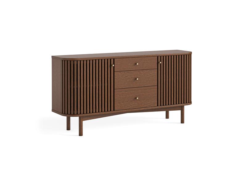 Soho Brown Large Sideboard With Drawers - Brown Wood Slatted Body With Two Doors