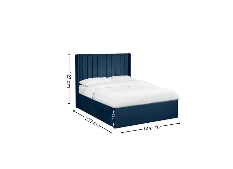 Leila Royal Blue Fabric Bed with Winged Headboard & Underbed Storage – Modern Upholstered Storage Bed