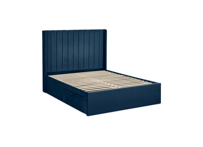 Leila Royal Blue Fabric Bed with Winged Headboard & Underbed Storage – Modern Upholstered Storage Bed