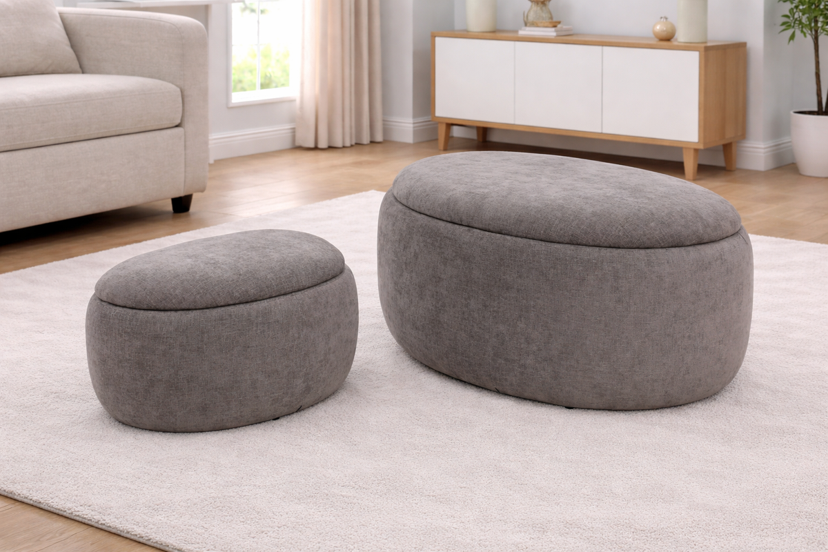 Lenzie Stone Fabric Ottoman with Hidden Storage Compartment & Discreet Leg Glides – Modern Upholstered Storage Footstool