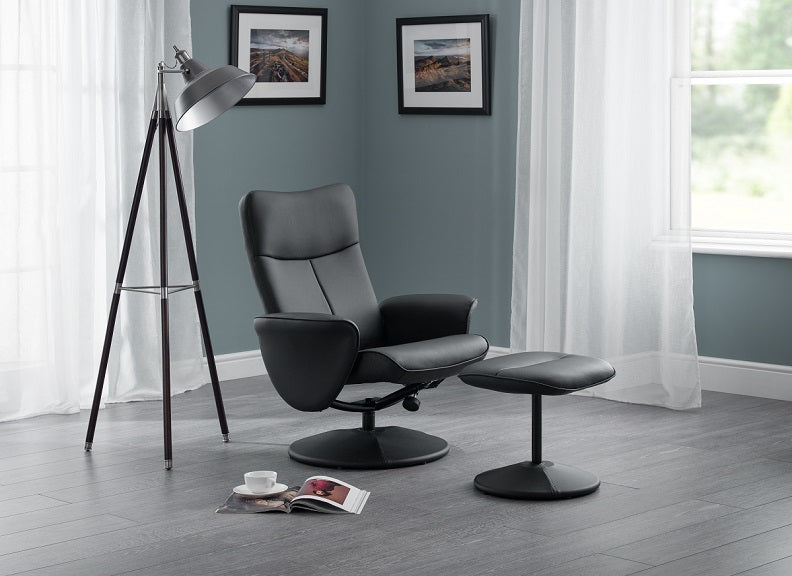 Lugano Black Faux Leather Chair W/Stool