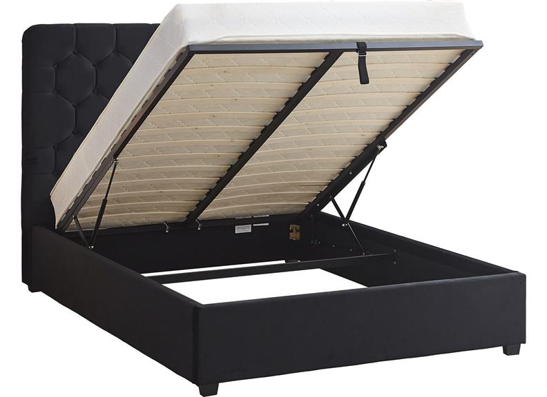 Madison Black Velvet Storage Bed with Hexagonal Debossed Headboard – Luxury Ottoman Bed Frame with Hidden Storage