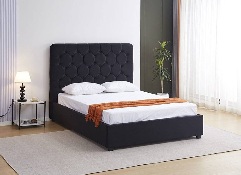 Madison Black Velvet Storage Bed with Hexagonal Debossed Headboard – Luxury Ottoman Bed Frame with Hidden Storage