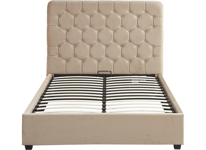 Madison Fawn Velvet Storage Bed with Hexagonal Debossed Headboard – Luxury Ottoman Bed Frame with Hidden Storage (Pre-Order 4 ft6)