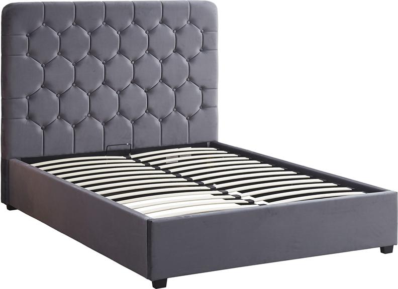 Madison Grey Velvet Storage Bed with Hexagonal Debossed Headboard – Luxury Ottoman Bed Frame with Hidden Storage (Pre-Order 4 ft6)