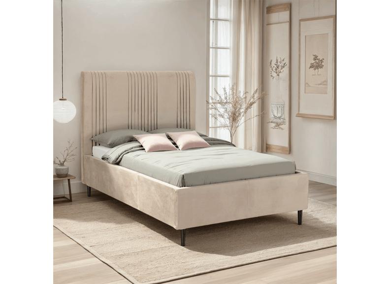 Maine Taupe Velvet Bed with Pleated Vertically Lined Headboard – Modern Upholstered Luxury Bed  (WBF)