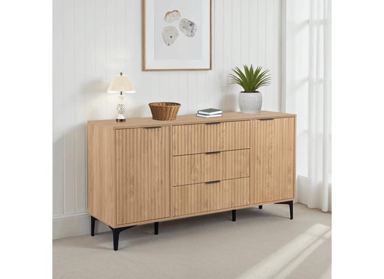 Miami Oak Two Door Three Drawer Sideboard – Oak Effect Living Room Storage With Black Legs – Modern Living Furniture