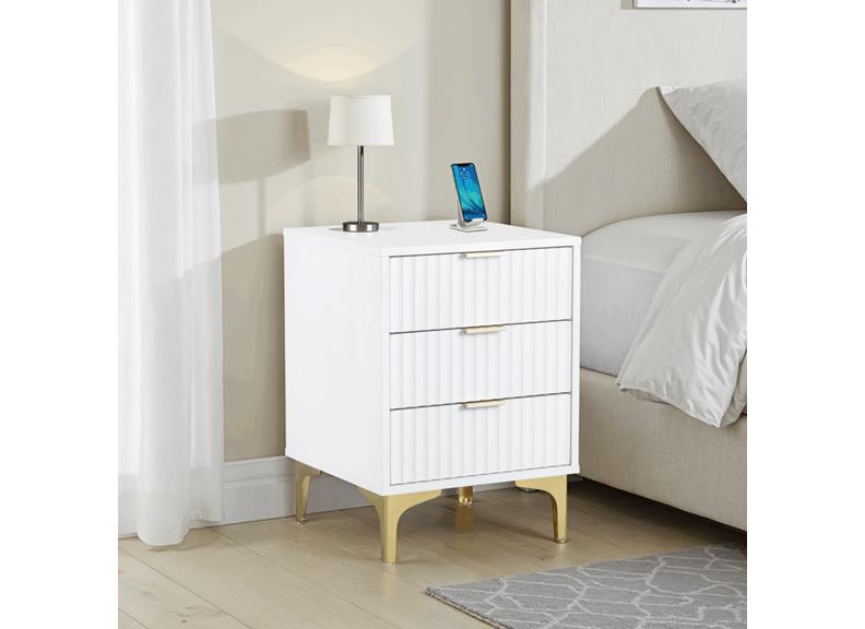 Miami White Three Drawer Bedside – White Lacquered Bedside With Gold Legs – Modern Bedside Furniture