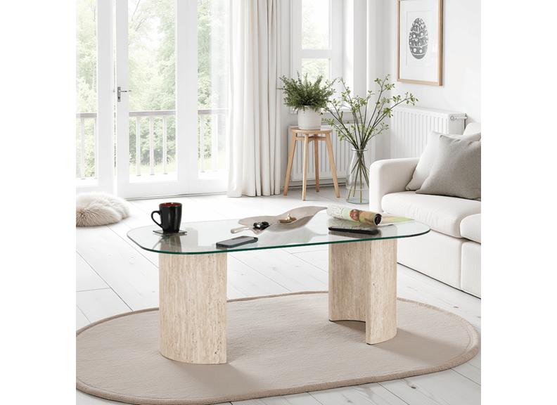 Modena Glass Coffee Table – Modern Glass Topped Occasional Table with Cream Wood Base – Contemporary Occasional Furniture