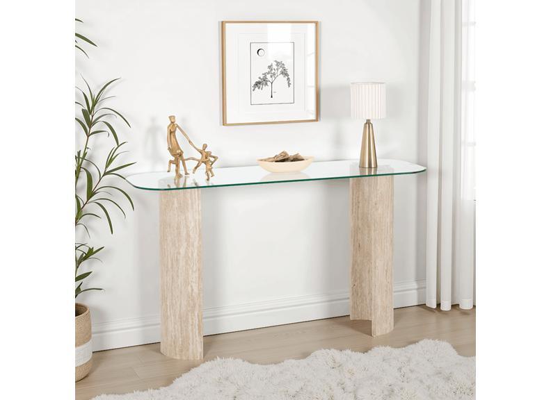 Modena Glass Console Table – Modern Glass Topped Occasional Table with Cream Wood Base – Contemporary Occasional Furniture