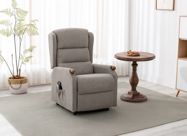 Merrin Fabric Lift & Rise Chair – Oatmeal Recliner Armchair with Limed Oak Handles | Electric Rise & Recline Mobility Chair