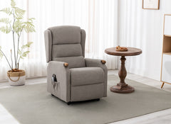 Merrin Fabric Lift & Rise Chair – Oatmeal Recliner Armchair with Limed Oak Handles | Electric Rise & Recline Mobility Chair