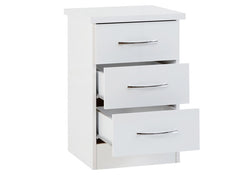 Nevada White Three Drawer Bedside - open