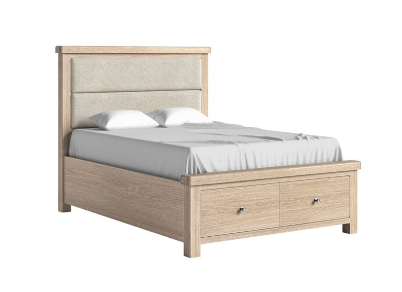 Normandy Bed Frame | Cream Herringbone Fabric Headboard With In A Whitewashed Finish