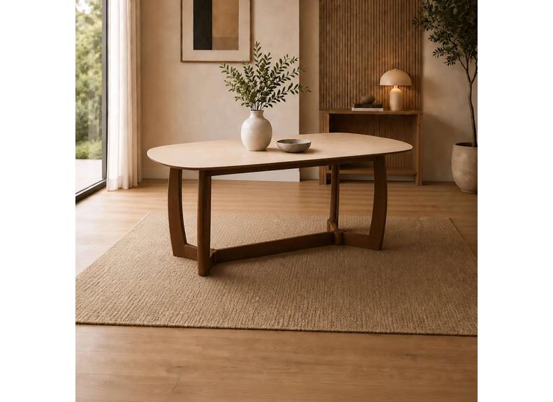 Portland Fixed Dining Set | Walnut Effect Frame & Natural Stone Table Top With Fabric Chairs