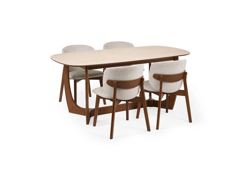 Portland Fixed Dining Set | Walnut Effect Frame & Natural Stone Table Top With Fabric Chairs