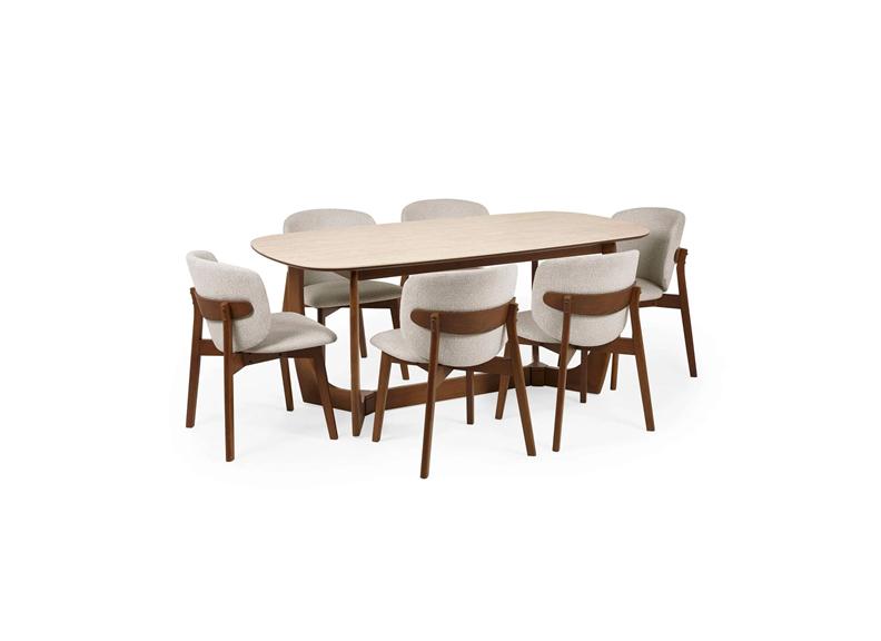 Portland Fixed Dining Set | Walnut Effect Frame & Natural Stone Table Top With Fabric Chairs
