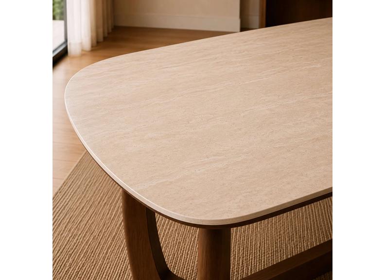 Portland Fixed Dining Set | Walnut Effect Frame & Natural Stone Table Top With Fabric Chairs