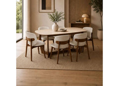 Portland Fixed Dining Set | Walnut Effect Frame & Natural Stone Table Top With Fabric Chairs