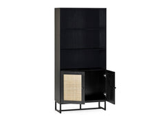 Padstow Black & Rattan Tall Bookcase -open