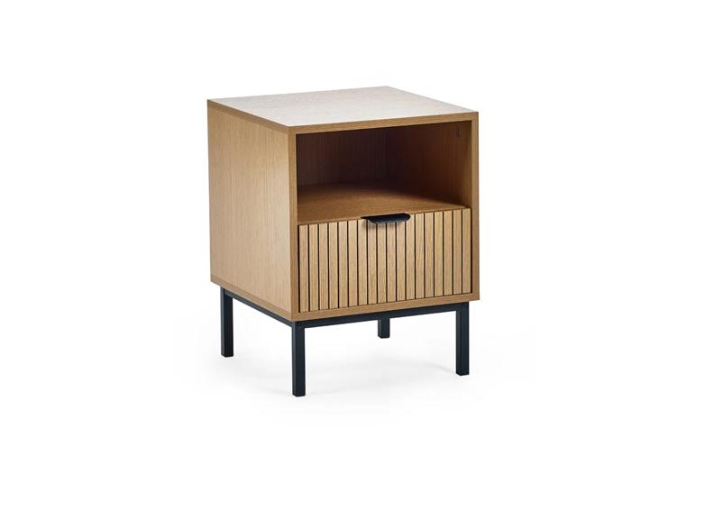 Sia Oak End Table With Vertical Slats & Black Highlights – Modern Oak Lamp Table