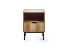 Sia Oak End Table With Vertical Slats & Black Highlights – Modern Oak Lamp Table
