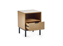 Sia Oak End Table With Vertical Slats & Black Highlights – Modern Oak Lamp Table