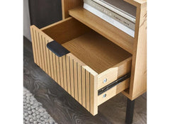 Sia Oak End Table With Vertical Slats & Black Highlights – Modern Oak Lamp Table
