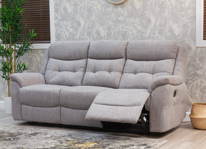Shelby Grey Fabric Reclining 3RTR+RR Sofa Group In Pale Grey Fabric With Drop Down Tray