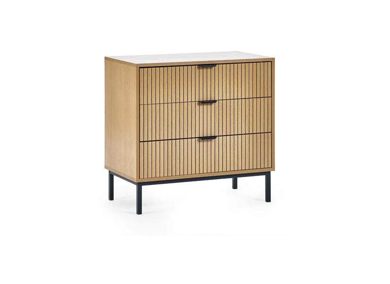 Sia Oak Three Drawer Chest with Vertical Slats & Black Highlights – Modern Oak Bedroom Chest