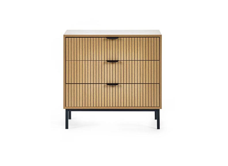 Sia Oak Three Drawer Chest with Vertical Slats & Black Highlights – Modern Oak Bedroom Chest