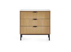 Sia Oak Three Drawer Chest with Vertical Slats & Black Highlights – Modern Oak Bedroom Chest