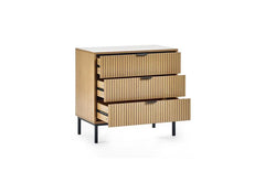 Sia Oak Three Drawer Chest with Vertical Slats & Black Highlights – Modern Oak Bedroom Chest