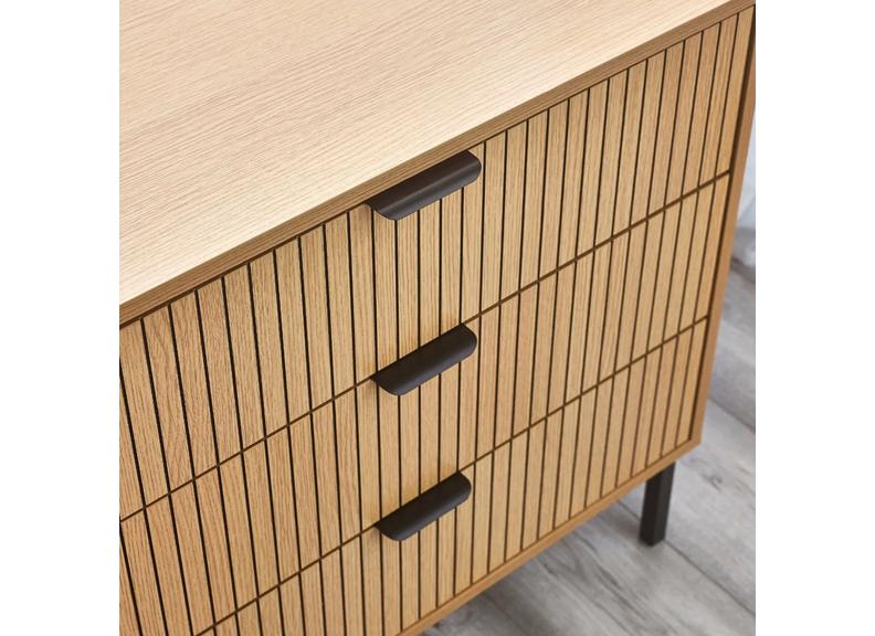 Sia Oak Three Drawer Chest with Vertical Slats & Black Highlights – Modern Oak Bedroom Chest