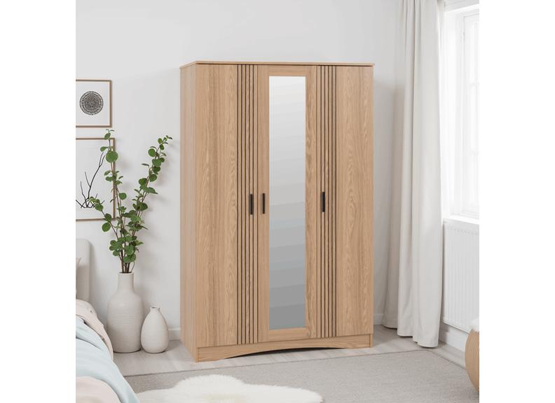 Tessa Three Door Mirrored Wardrobe – Oak Effect Bedroom Wardrobe With Mirror | Modern Bedroom Furniture
