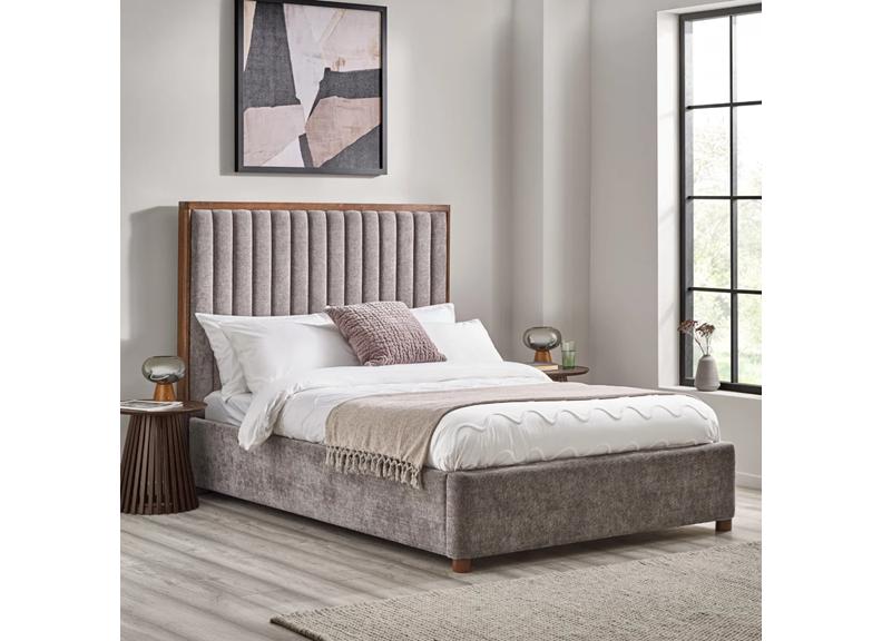 Whitmore Bed in Grey Chenille Fabric – Modern Upholstered Bed with Vertically Lined Headboard