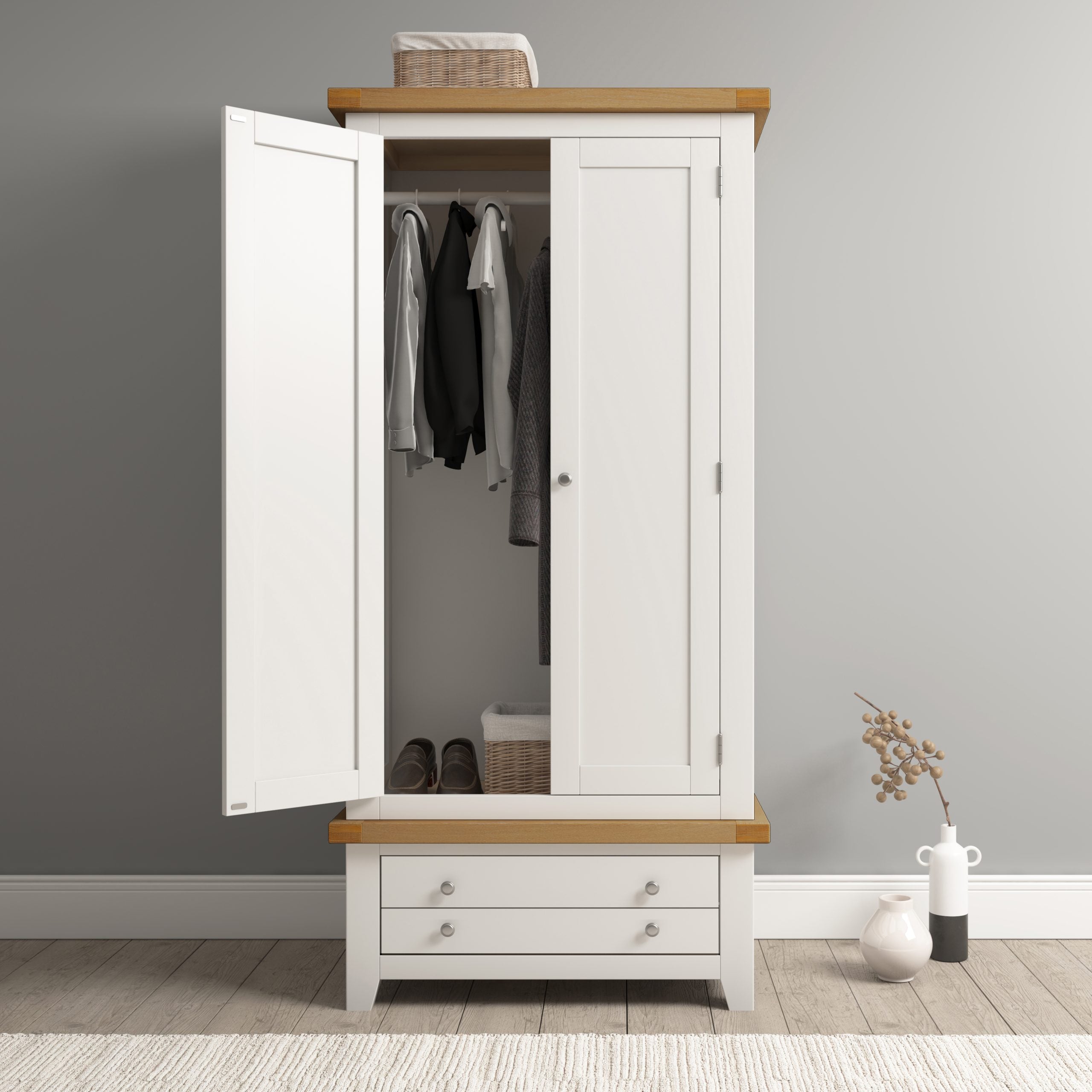 Windsor 2 Door 1 Drawer Wardrobe – Ivory with Oak Top (WBF)