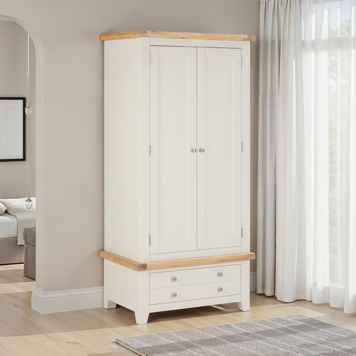 Windsor 2 Door 1 Drawer Wardrobe – Ivory with Oak Top (WBF)